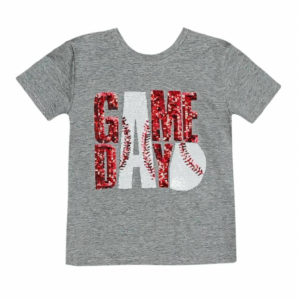 NEW BELLE CHER girl's sequin baseball tee in maroon/gray
